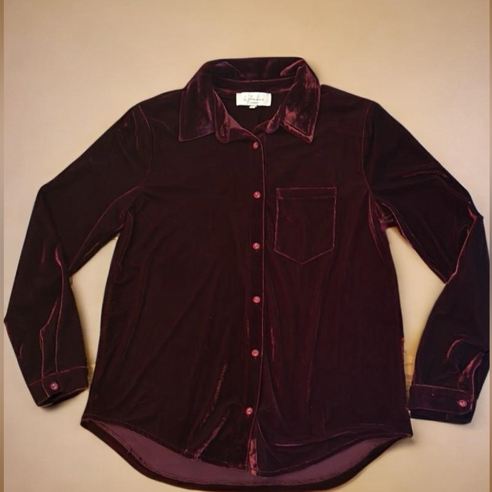 L’Academie Los Angeles Maroon Velvet Button Up Blouse Size XS